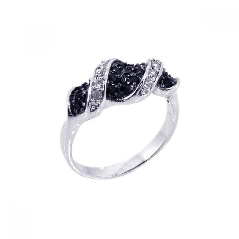 Closeout-Silver 925 Rhodium and Black Rhodium Plated Black and Clear CZ Twist Ring - BGR00140 | Silver Palace Inc.