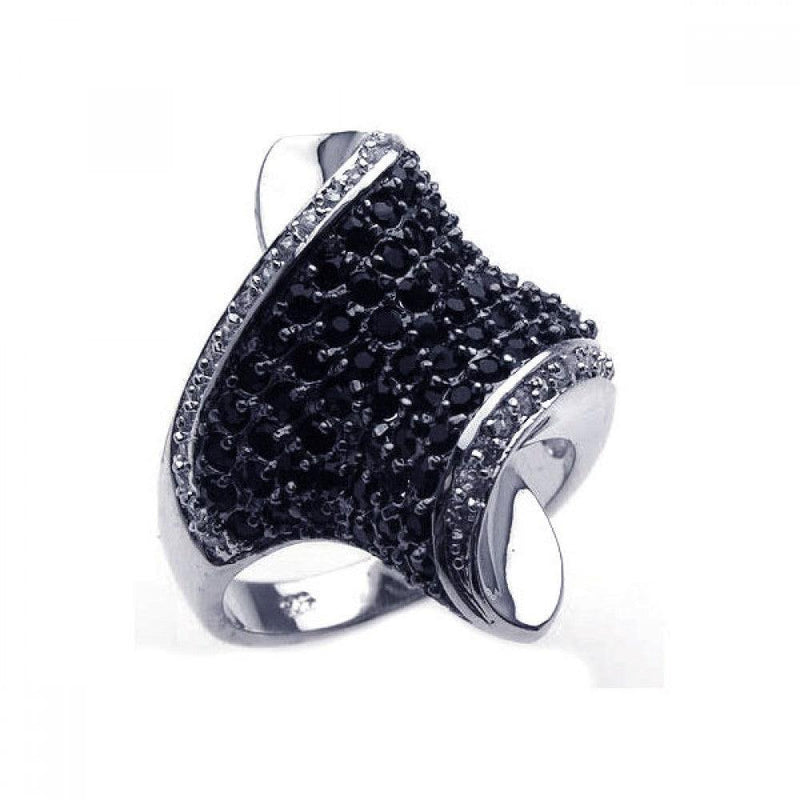 Closeout-Silver 925 Rhodium and Black Rhodium Plated Pave Set Black and Channel Set Clear CZ Wave Ring - BGR00142 | Silver Palace Inc.