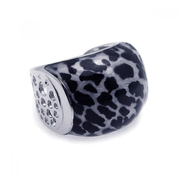 Closeout-Silver 925 Rhodium Plated Black and White Leopard Print Spot Ring - BGR00149 | Silver Palace Inc.