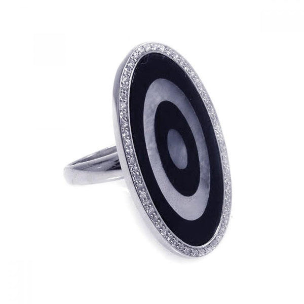 Closeout-Silver 925 Rhodium Plated Black and White Oval Clear CZ Target Ring - BGR00158 | Silver Palace Inc.