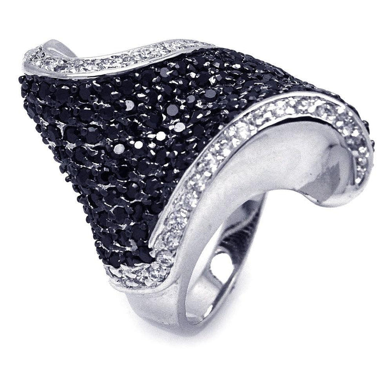Closeout-Silver 925 Rhodium and Black Rhodium Plated Clear and Black CZ Twist Wave Ring - BGR00170 | Silver Palace Inc.