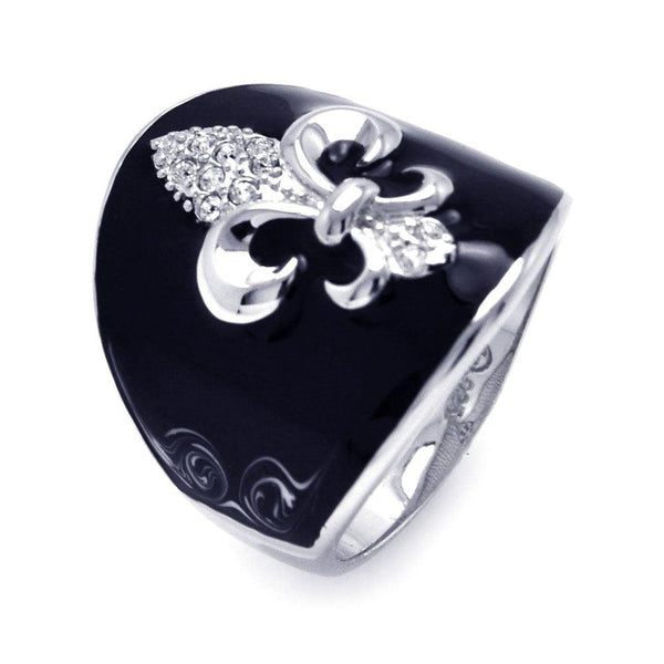 Closeout-Silver 925 Rhodium Plated Black Enamel Clear CZ Fleur De Lis Cigar Band Ring - BGR00195 | Silver Palace Inc.