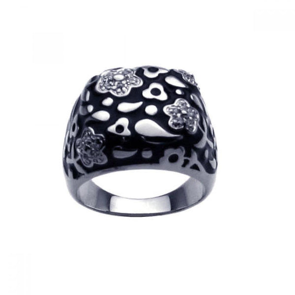 Closeout-Silver 925 Rhodium Plated Black Enamel Clear CZ Flower Ring - BGR00216 | Silver Palace Inc.