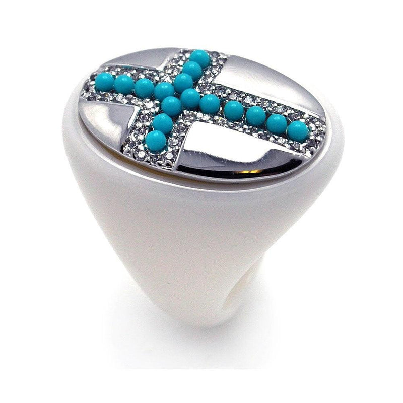 Closeout-Silver 925 Rhodium Plated High Polish White Enamel Clear CZ Turquoise Cross Ring - BGR00217 | Silver Palace Inc.