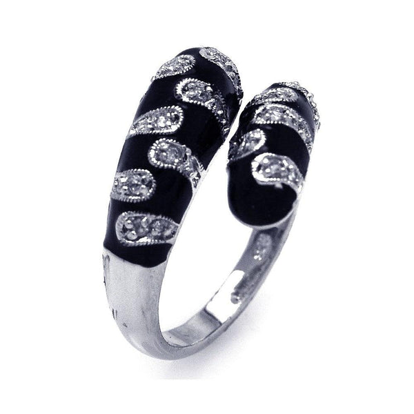 Closeout-Silver 925 Rhodium Plated Black Enamel Clear CZ Adjustable Ring - BGR00222 | Silver Palace Inc.