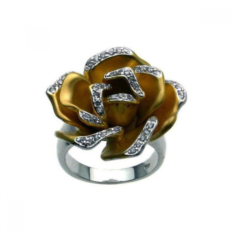 Closeout-Silver 925 Rhodium and Gold Plated 2 Toned Clear CZ Flower Ring - BGR00223 | Silver Palace Inc.