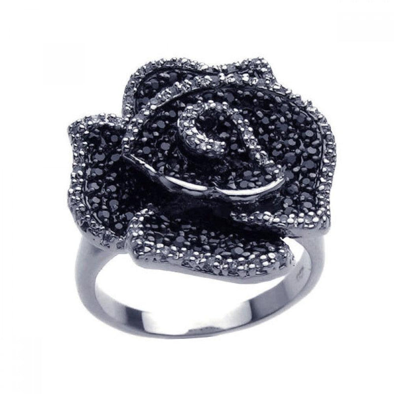 Closeout-Silver 925 Rhodium and Black Rhodium Plated 2 Toned Pave Set Black and Clear CZ Flower Ring - BGR00224 | Silver Palace Inc.
