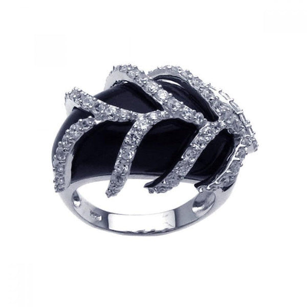 Closeout-Silver 925 Rhodium Plated Black Onyx CZ Leaf Ring - BGR00228 | Silver Palace Inc.