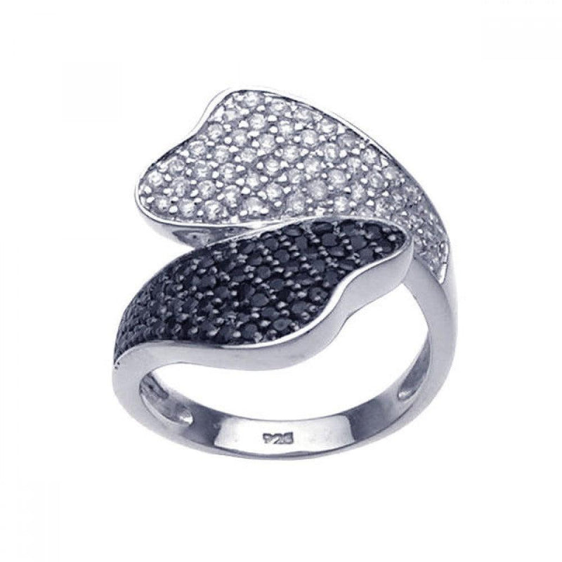 Closeout-Silver 925 Rhodium and Black Rhodium Plated Black and Clear Pave Set CZ Leaf Ring - BGR00230 | Silver Palace Inc.