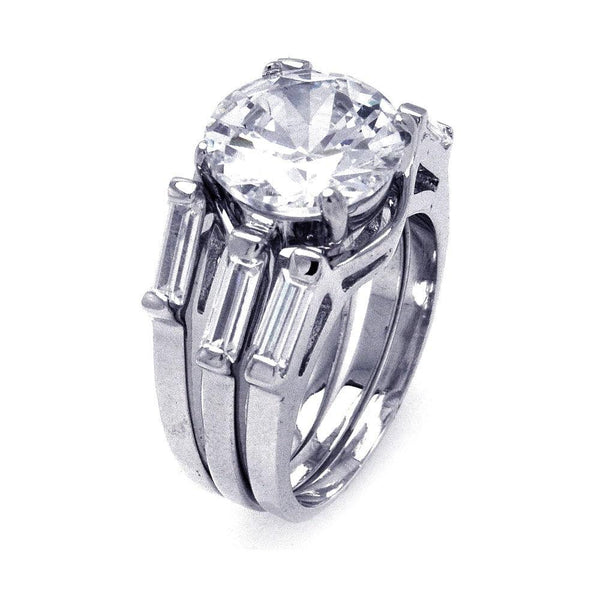 Silver 925 Rhodium Plated Single Round Center CZ 3 Row Bridal Ring - BGR00235 | Silver Palace Inc.