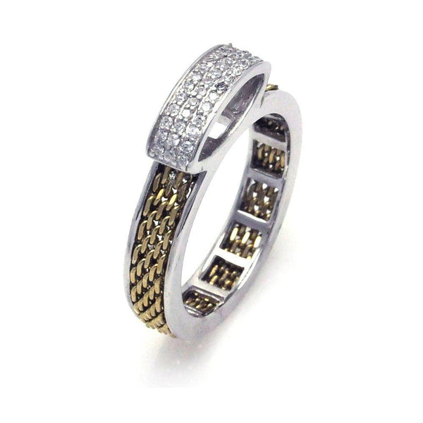 Closeout-Silver 925 Rhodium and Gold Plated 2 Toned Pave Set Clear CZ Chain Ring - BGR00246 | Silver Palace Inc.