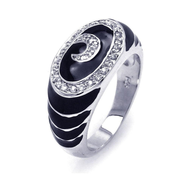 Closeout-Silver 925 Rhodium Plated Black Enamel Clear CZ Swirl Ripple Ring - BGR00251 | Silver Palace Inc.