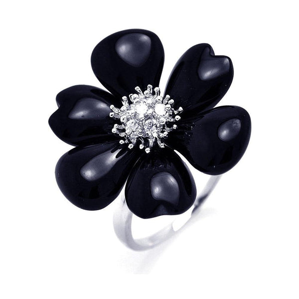 Silver 925 Rhodium Plated Black Onyx Clear CZ Flower Ring - BGR00257 | Silver Palace Inc.