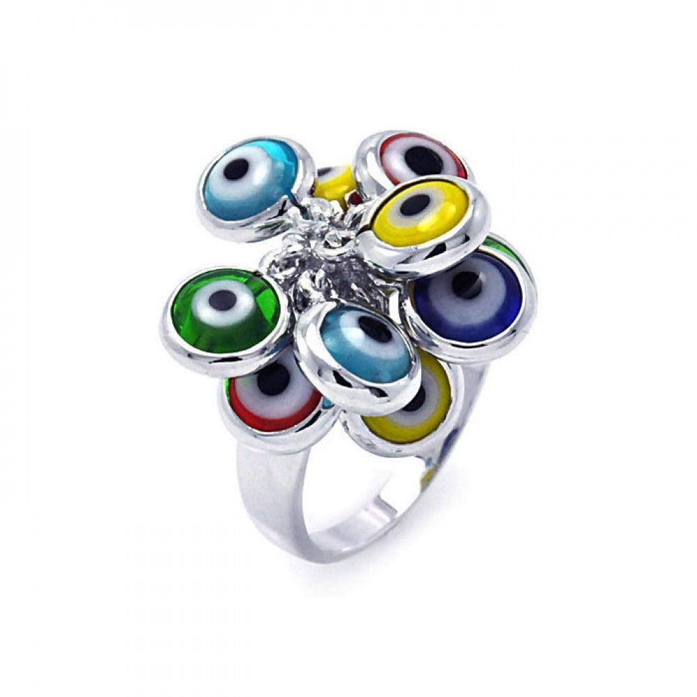 Silver 925 Rhodium Plated Multi Colored Hanging Evil Eye Ring - BGR00258 | Silver Palace Inc.