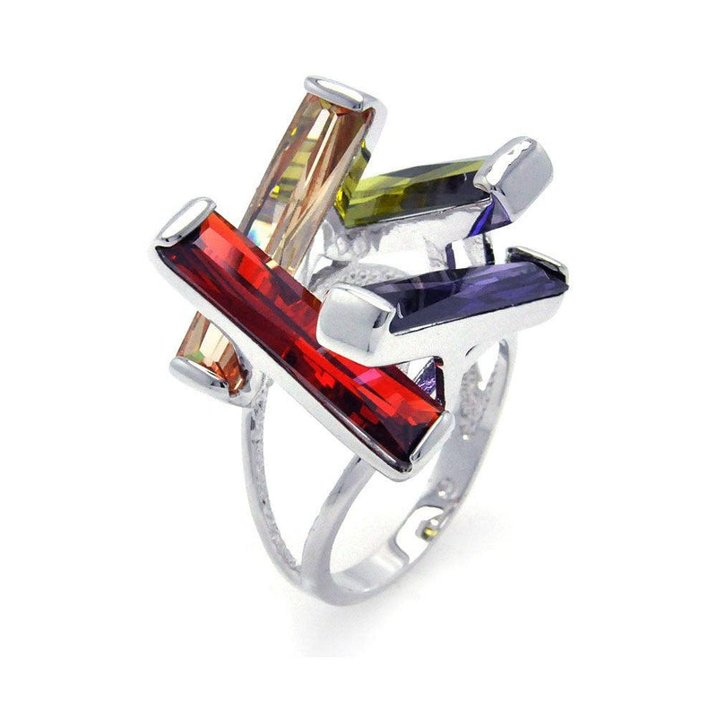 Closeout-Silver 925 Rhodium Plated Multi Colored CZ Open Long Bar Ring - BGR00259 | Silver Palace Inc.