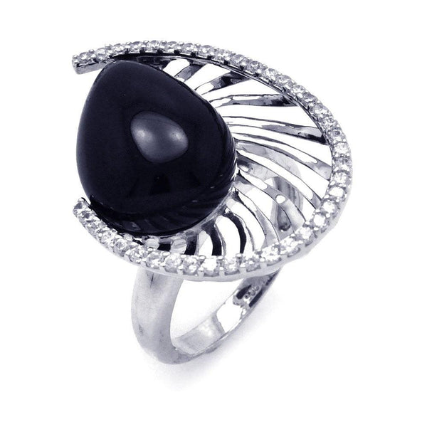 Closeout-Silver 925 Rhodium Plated Black Onyx Clear CZ Spiral Ring - BGR00263 | Silver Palace Inc.