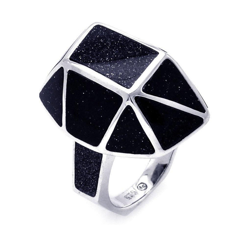 Closeout-Silver 925 Rhodium Plated Black Quartz Geometric Ring - BGR00271 | Silver Palace Inc.