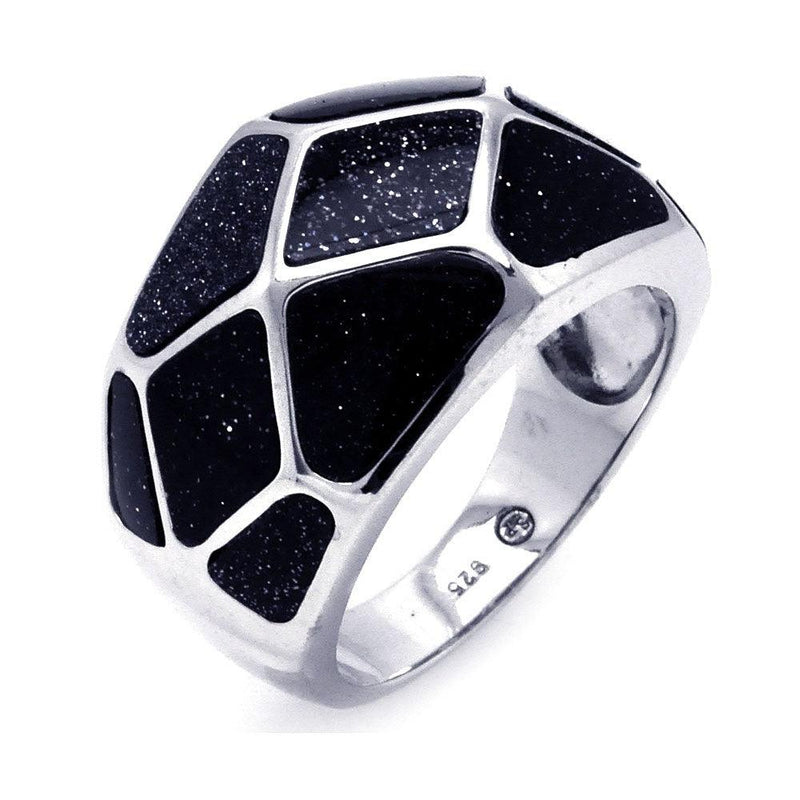 Closeout-Silver 925 Rhodium Plated Black Quartz Geometric Deep Space Ring - BGR00272 | Silver Palace Inc.