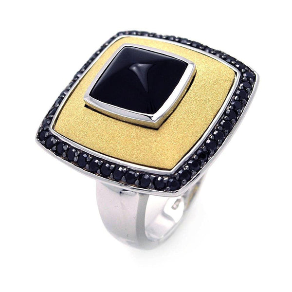 Closeout-Silver 925 Rhodium Black Rhodium and Gold Plated 3 Toned Black CZ Square Ring - BGR00273 | Silver Palace Inc.