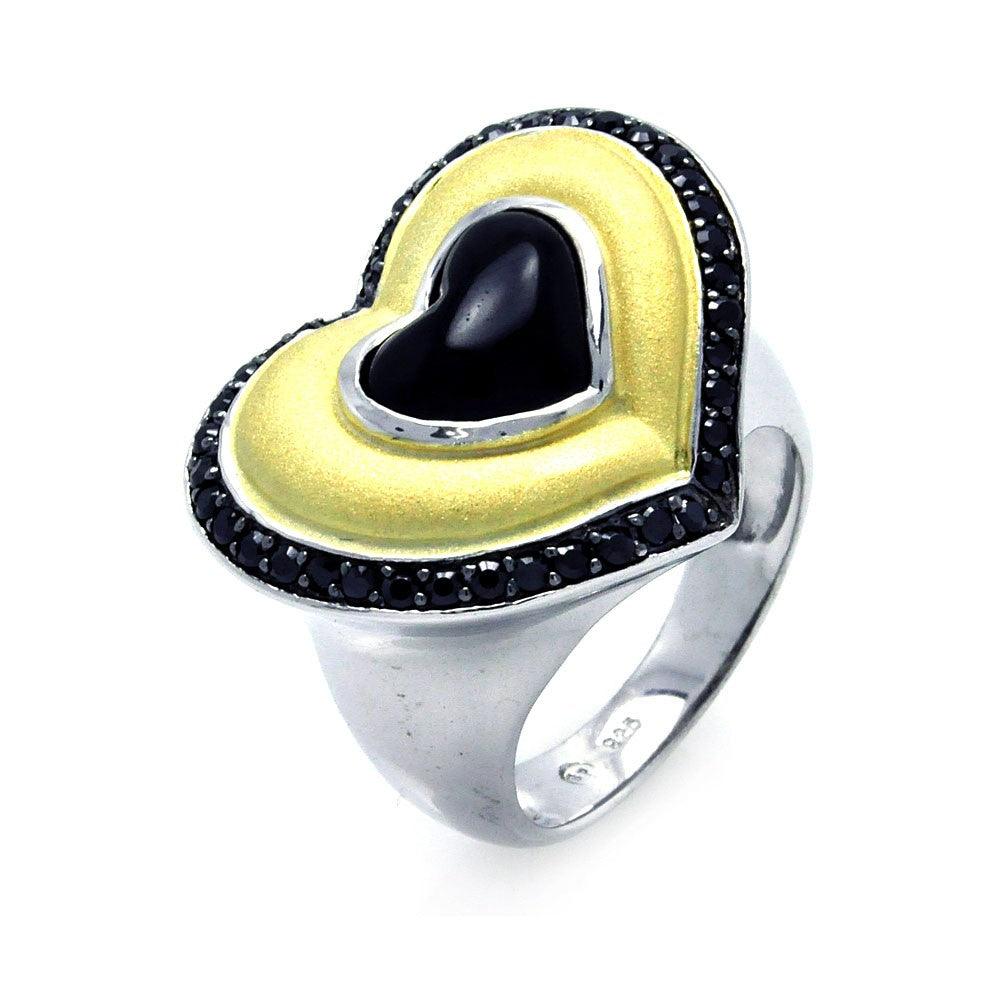 Closeout-Silver 925 Rhodium, Black Rhodium, and Gold Plated 3 Toned Black CZ Heart Ring - BGR00274 | Silver Palace Inc.