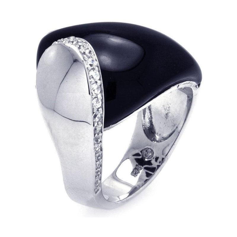 Closeout-Silver 925 Rhodium Plated Black Onyx Clear CZ Overlap Ring - BGR00288 | Silver Palace Inc.