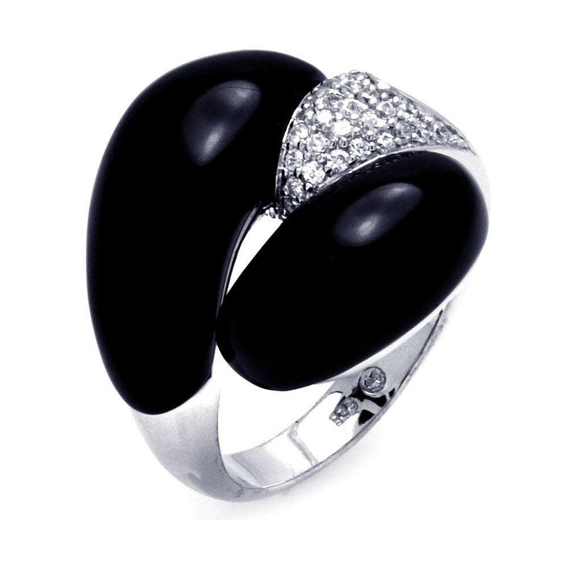 Closeout-Silver 925 Rhodium Plated Black Onyx Clear Pave Set CZ Round Curl Ring - BGR00289 | Silver Palace Inc.