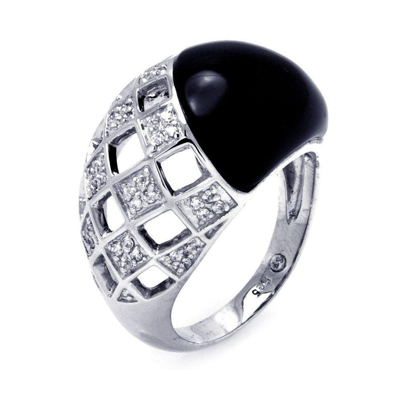 Closeout-Silver 925 Rhodium Plated Black Onyx Clear CZ Net Ring - BGR00291 | Silver Palace Inc.
