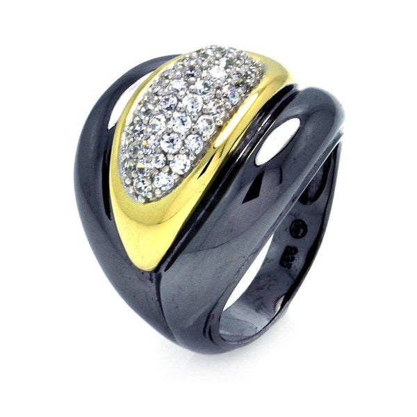 Closeout-Silver 925 Rhodium Black Rhodium and Gold Plated 3 Toned Clear CZ Wide Ring - BGR00293 | Silver Palace Inc.