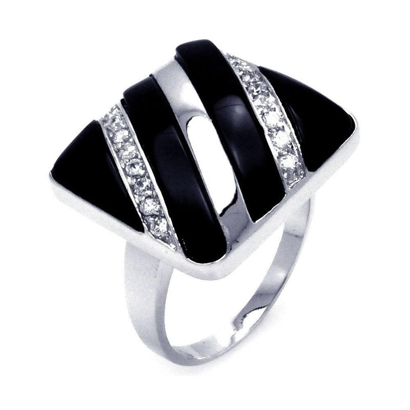 Closeout-Silver 925 Rhodium Plated Black Enamel Clear CZ Square Stripe Button Ring - BGR00294 | Silver Palace Inc.