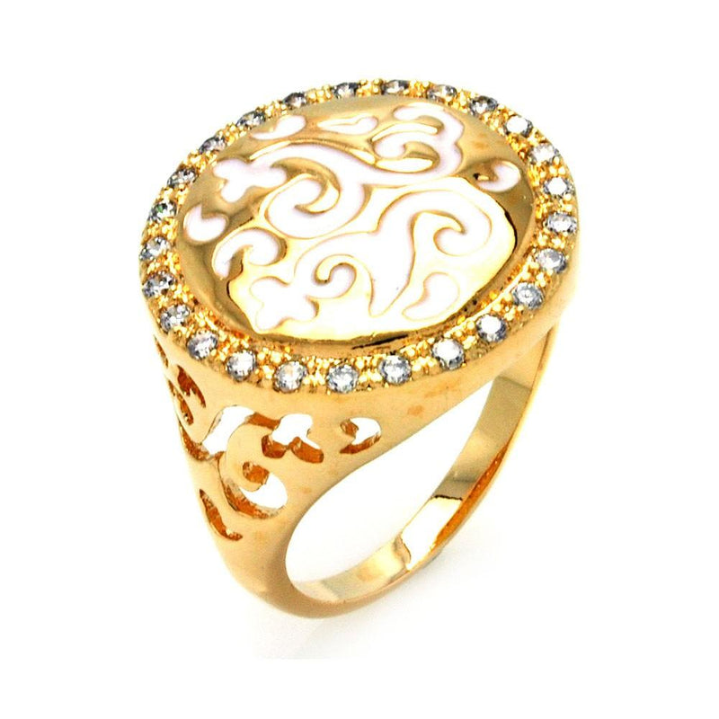 Closeout-Silver 925 Gold Plated White Enamel Clear CZ Ornate Design Ring - BGR00297 | Silver Palace Inc.