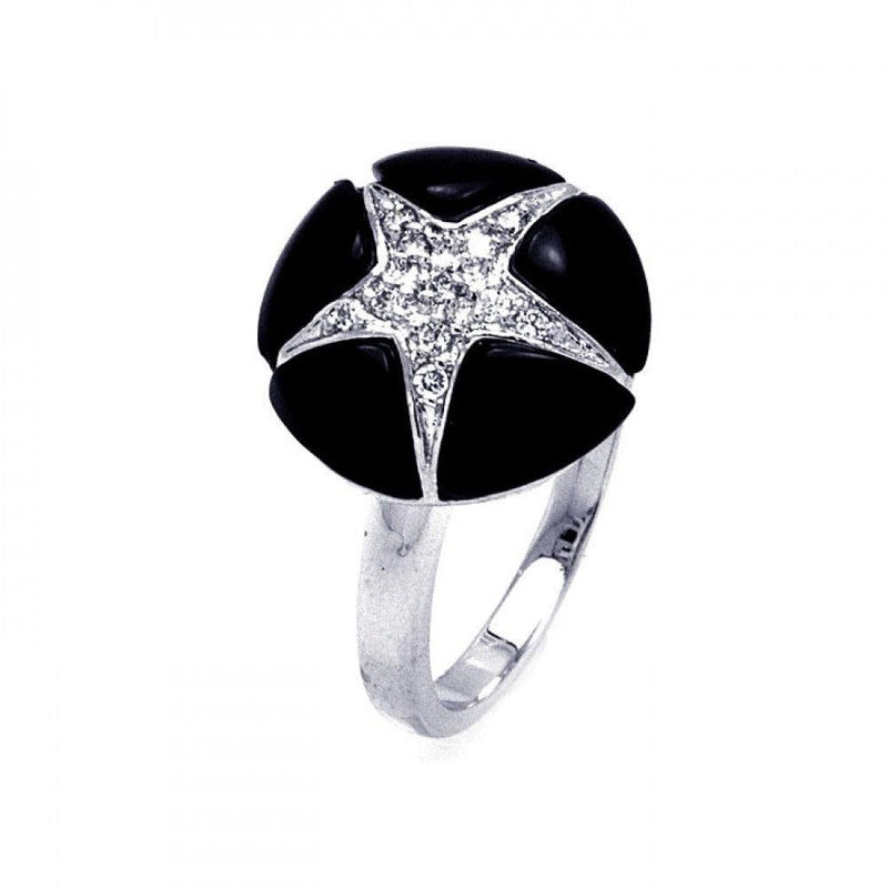Closeout-Silver 925 Rhodium Plated Black Onyx Clear CZ Starfish Ring - BGR00301 | Silver Palace Inc.