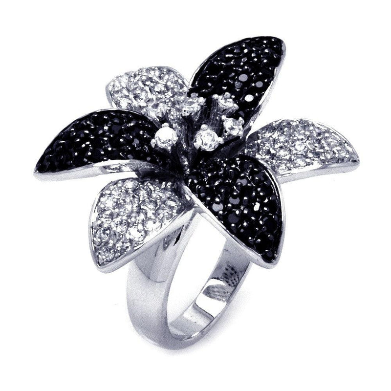 Silver 925 Rhodium and Black Rhodium Plated 2 Toned Black and Clear CZ Flower Ring - BGR00304 | Silver Palace Inc.