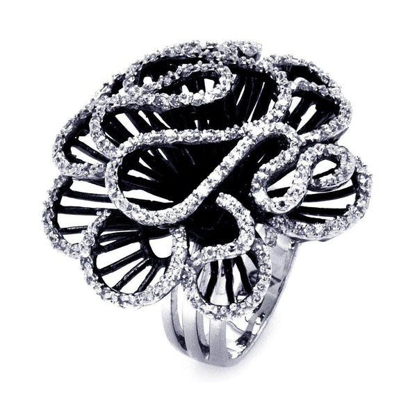 Silver 925 Rhodium and Black Rhodium Plated 2 Toned Clear CZ Coral Flower Ring - BGR00307 | Silver Palace Inc.