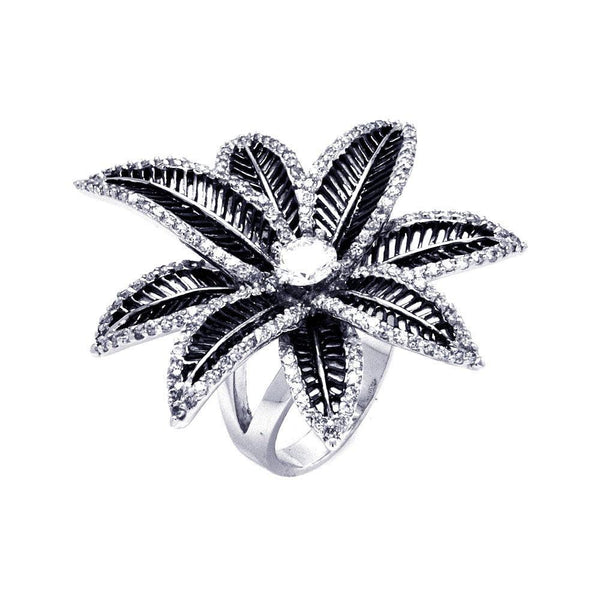 Silver 925 Rhodium and Black Rhodium Plated 2 Toned Round Center CZ Spiny Flower Ring - BGR00309 | Silver Palace Inc.