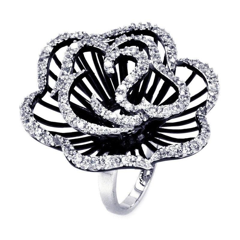 Silver 925 Rhodium and Black Rhodium Plated 2 Toned Clear CZ Rose Flower Ring - BGR00311BLK | Silver Palace Inc.