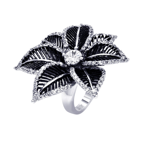 Silver 925 Rhodium and Black Rhodium Plated 2 Toned Clear Center CZ Spiny Petal Flower Ring - BGR00312 | Silver Palace Inc.