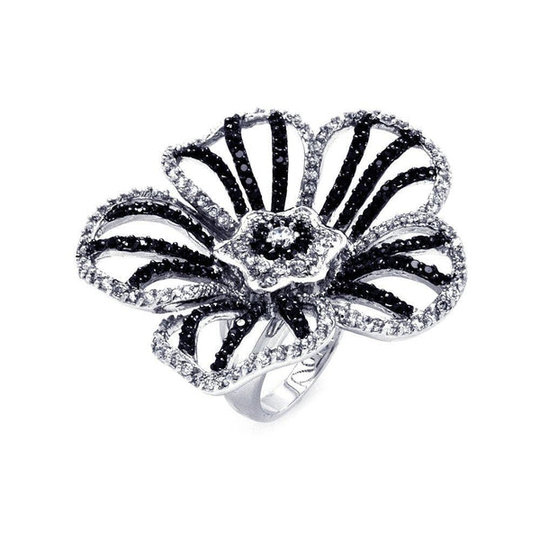 Silver 925 Rhodium and Black Rhodium Plated 2 Toned Black and Clear CZ Flower Ring - BGR00313 | Silver Palace Inc.