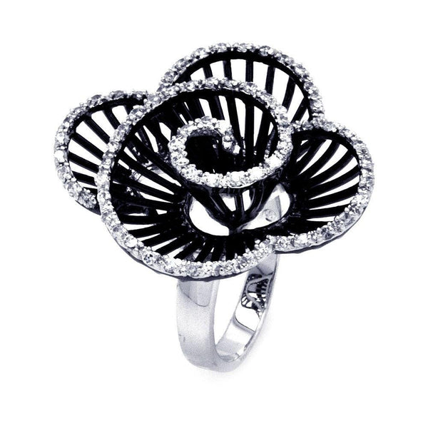 Silver 925 Rhodium and Black Rhodium Plated 2 Toned Clear CZ Twirly Flower Ring - BGR00314BLK | Silver Palace Inc.