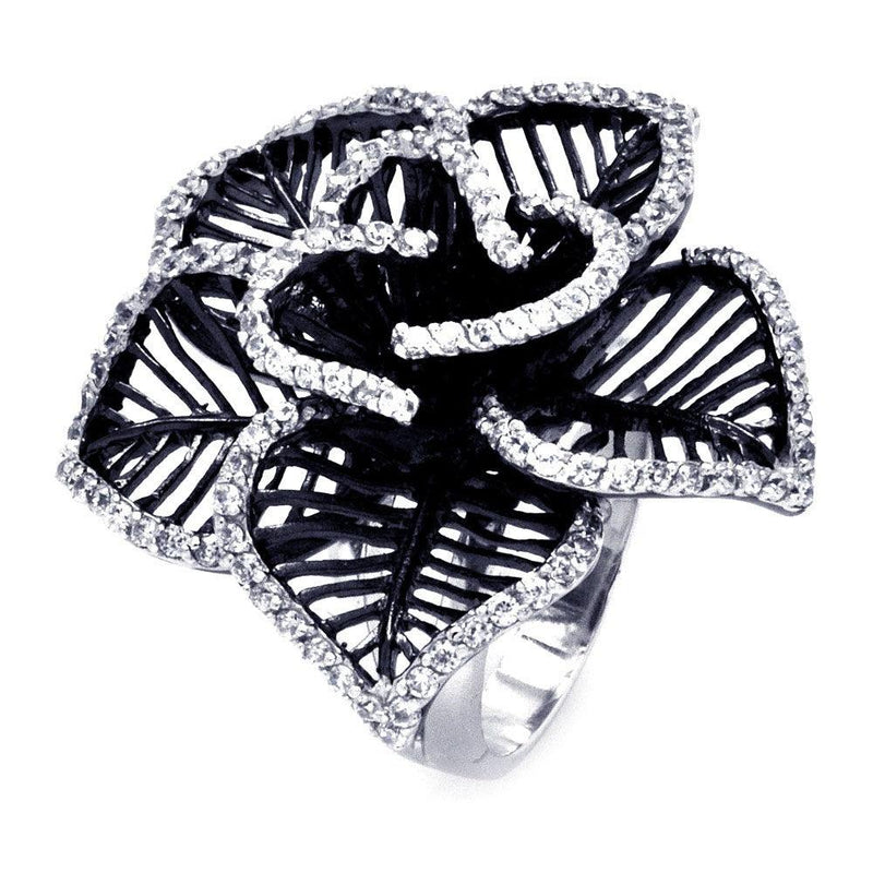 Silver 925 Rhodium and Black Rhodium Plated 2 Toned Clear CZ Open Flower Ring - BGR00316BLK | Silver Palace Inc.