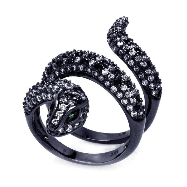 Silver 925 Black Rhodium Plated Black and Clear CZ Snake Wrap Ring - BGR00317 | Silver Palace Inc.
