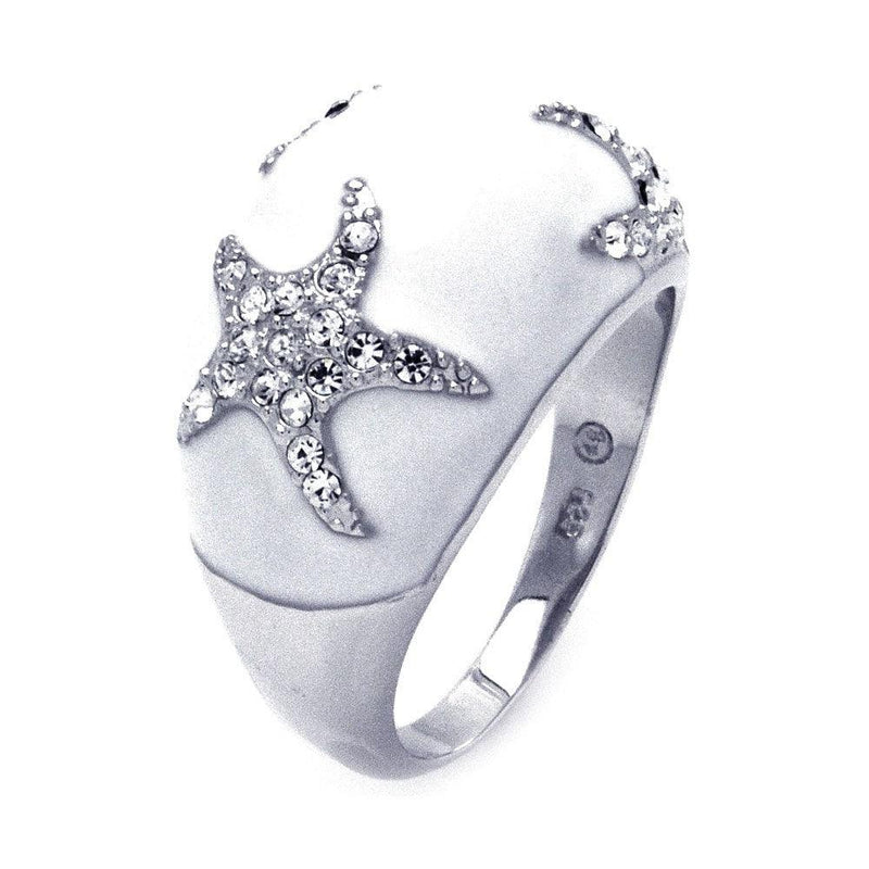 Closeout-Silver 925 Rhodium Plated White Enamel Clear CZ Starfish Dome Ring - BGR00322 | Silver Palace Inc.