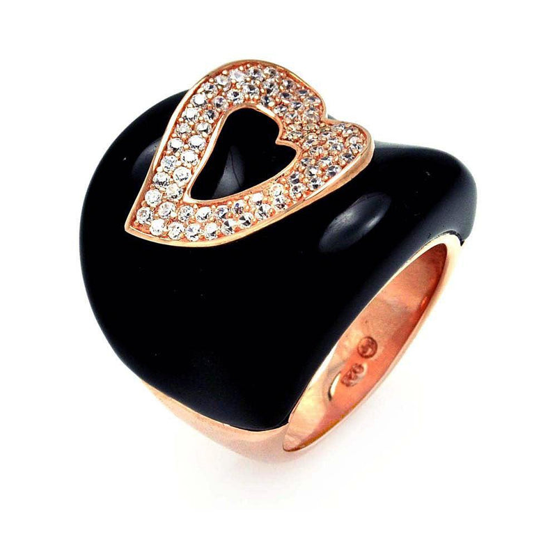 Closeout-Silver 925 Gold Plated Black Onyx Clear CZ Heart Ring - BGR00327 | Silver Palace Inc.