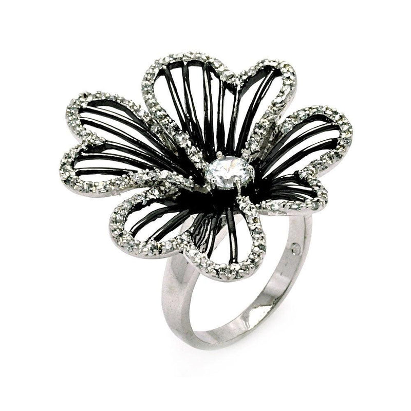 Closeout-Silver 925 Rhodium and Black Rhodium Plated Clear CZ Open Flower Ring - BGR00329 | Silver Palace Inc.