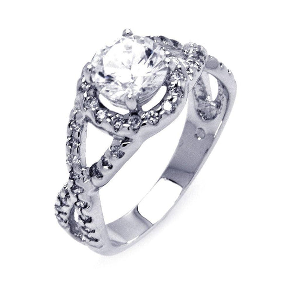 Silver 925 Rhodium Plated Clear Center CZ Wave Side Bridal Ring - BGR00404 | Silver Palace Inc.