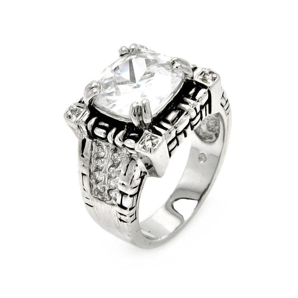 Closeout-Silver 925 Rhodium Plated Clear CZ Square Antique Ring - BGR00406 | Silver Palace Inc.