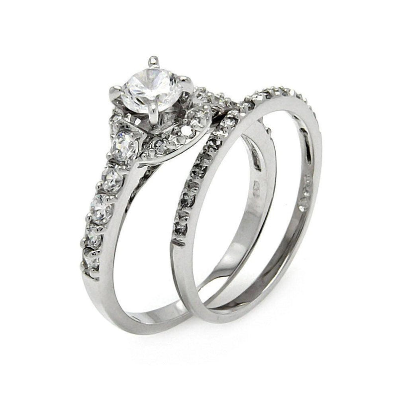 Silver 925 Rhodium Plated Clear Round Center Pave Set CZ Bridal Ring Set - BGR00452 | Silver Palace Inc.