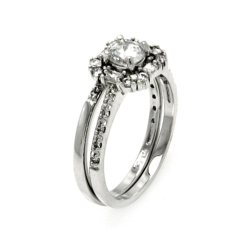 Silver 925 Rhodium Plated Round Center Clear Baguette CZ Bridal Engagement Ring - BGR00455 | Silver Palace Inc.