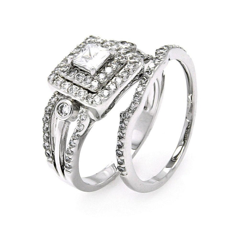 Silver 925 Rhodium Plated Clear CZ Bridal Multi Layer Square Ring Set - BGR00456 | Silver Palace Inc.