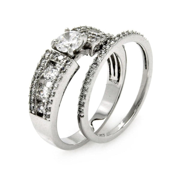 Silver 925 Rhodium Plated Clear Pave Set Round Center CZ Bridal Ring Set - BGR00458 | Silver Palace Inc.
