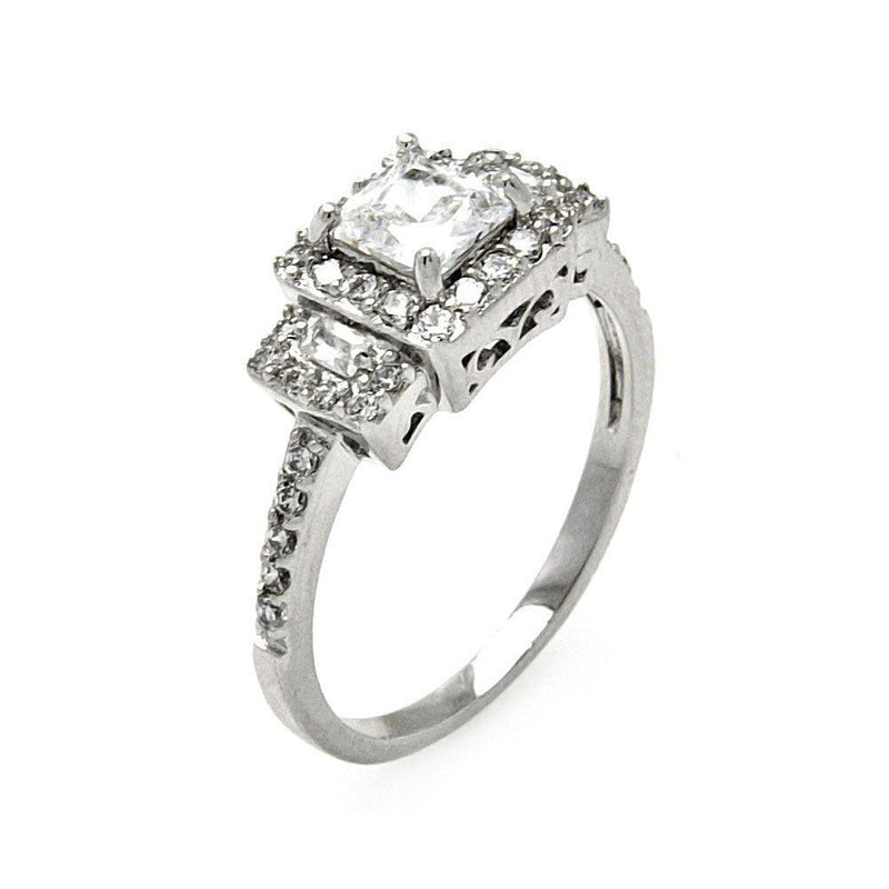 Silver 925 Rhodium Plated Clear Square Center Baguette Round Cluster CZ Bridal Ring - BGR00471 | Silver Palace Inc.
